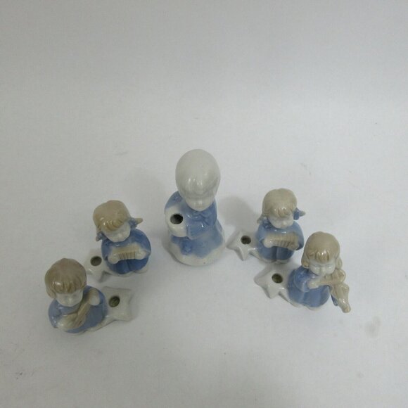 5 Blue Porcelain Figurine Angels Playing Musical Instruments Mini Candle Holders - Picture 6 of 9